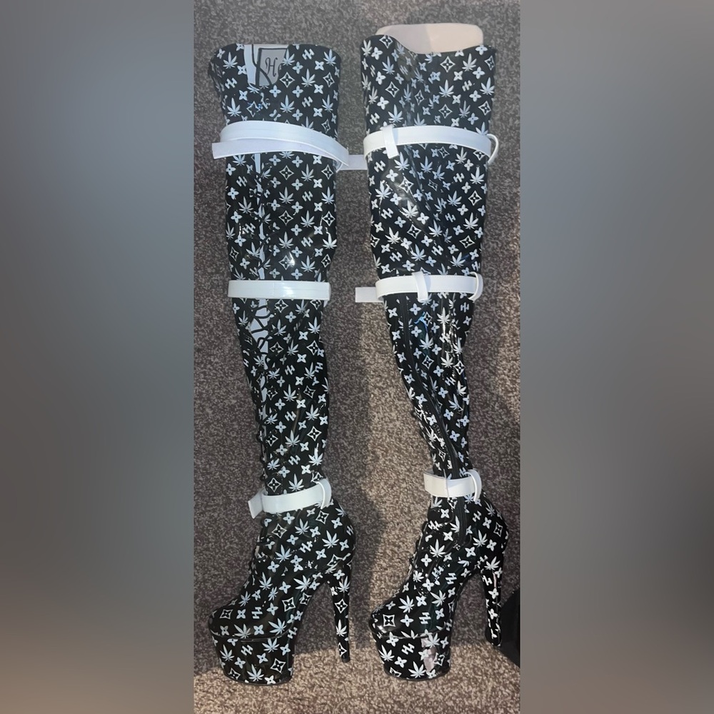 Branded Designer Print Logomania Thigh High Boots 7in Pole Dance Hella Heels
